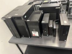 Seven various Dell, Lenovo and HP desktop tower computers and a Fujitsu and Dell compact computer