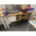 Wood top metal framed workbench with fitted vice (excludes contents) (approximately 151cm L x 80cm W