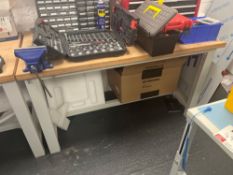 Wood top metal framed workbench with fitted vice (excludes contents) (approximately 151cm L x 80cm W