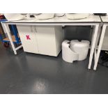 Tableform white laboratory workbench with white two door cabinet (excludes contents) (approximately