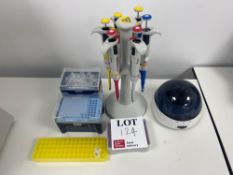 Six automatic pipette dispensers with holder with SciSpin Mini centrifuge