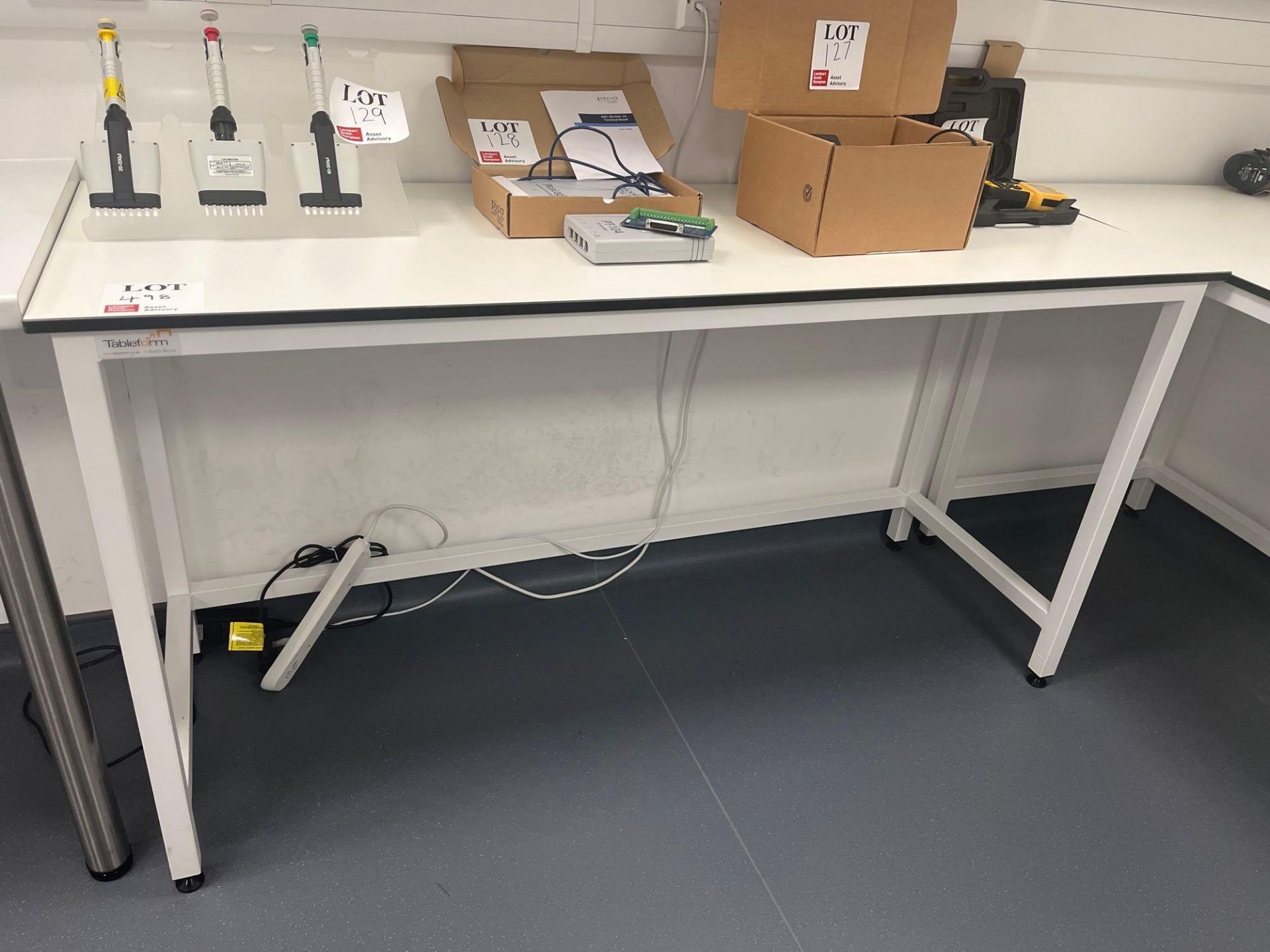 Tableform white laboratory workbench (excludes contents) (approximately 170cm L x 60cm x 91cm)