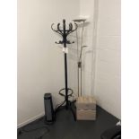Climatik tower heater, coat rack, free standing lamb and two decorative wooden boxes (as lotted)
