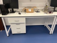 Tableform white laboratory workbench with Viewsonic monitor and four drawer cabinet (excludes conten