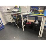 Laboratory workbench with fitted four drawer cupboard (excludes contents) (approximately 240cm L x 8