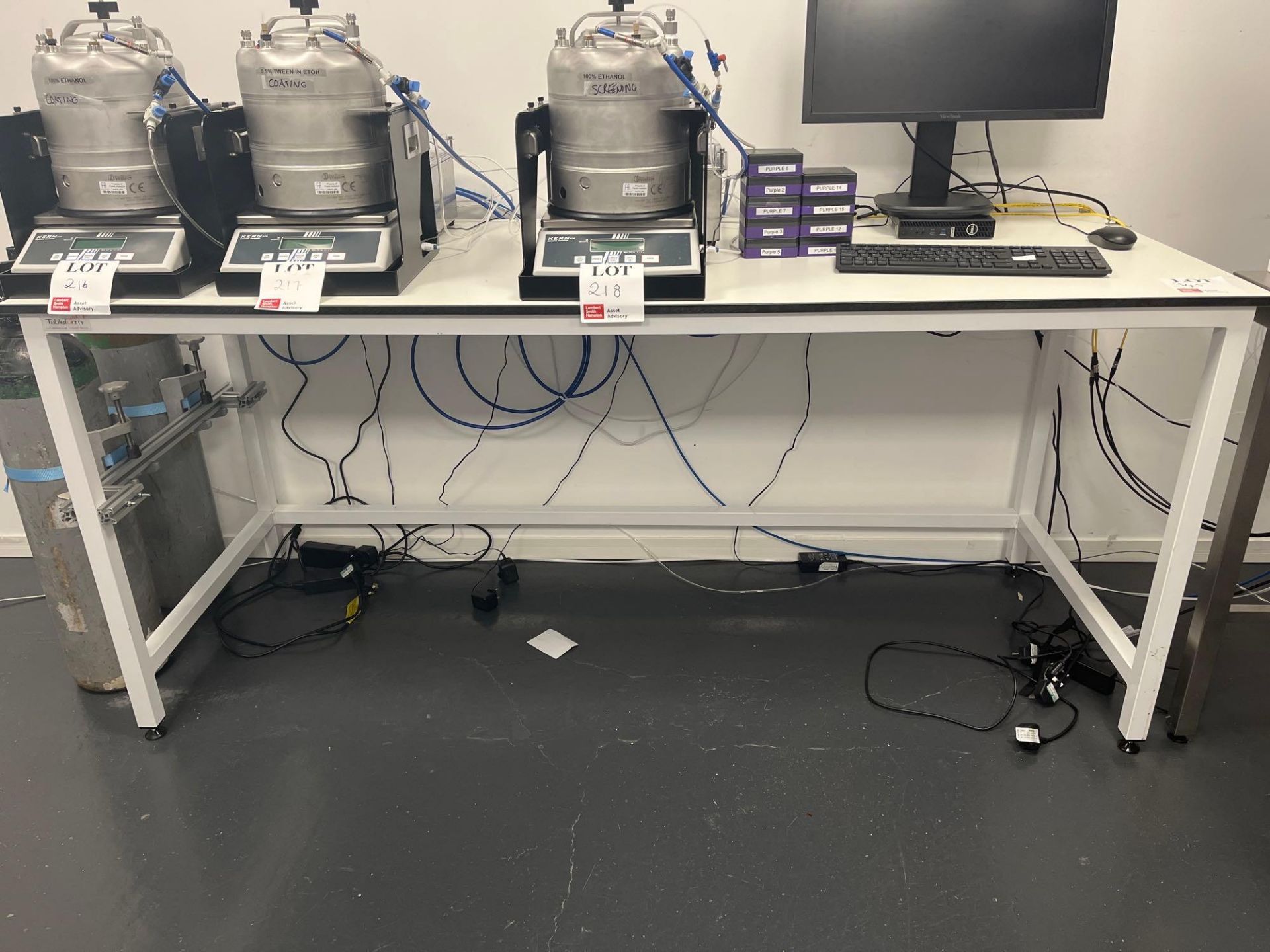 Tableform white laboratory workbench with Viewsonic monitor (excludes contents) (approximately 200cm