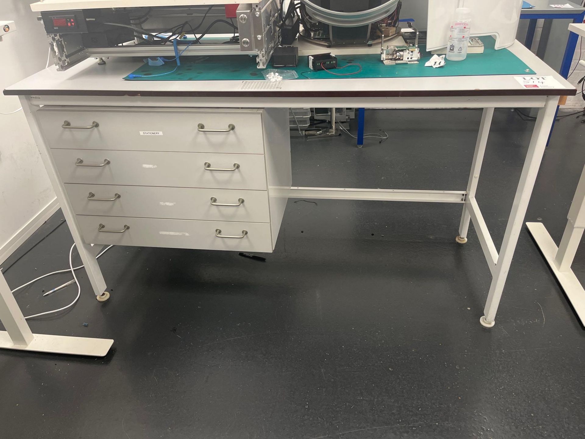 Laboratory workbench with fitted four drawer unit (excludes contents) (approximately 160cm L x 80cm