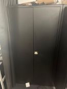Manutan black metal two door cabinet and contents comprising a quantity of various screws, fixings,