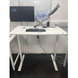 White adjustable height desk with Samsung U28E570D monitors(approximately 120cm L x 70cm W)