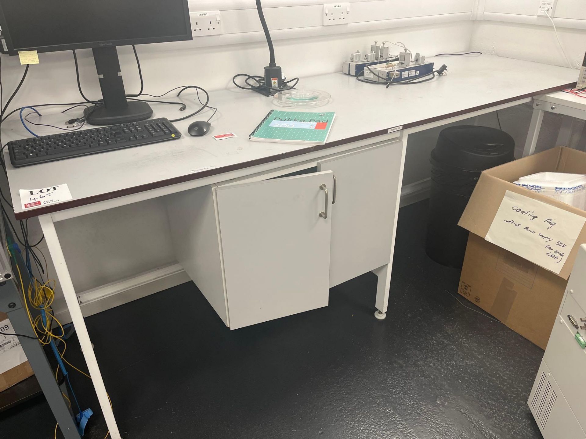 Laboratory workbench with fitted two drawer cupboard and Viewsonic monitor (excludes contents) (appr