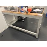 Wood top workbench with metal frame (excludes contents) (approximately 155cm L x 76cm W x 88cm H)