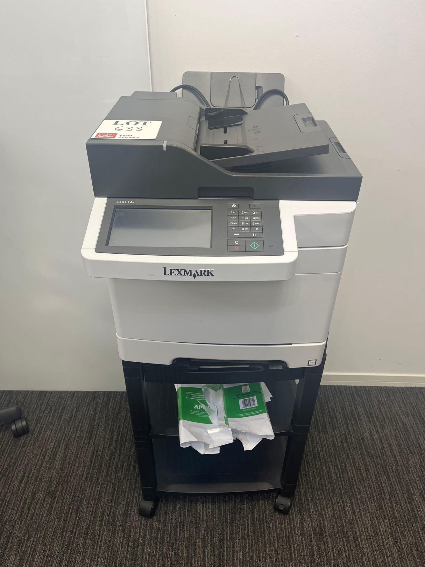 Lexmark CX517DE printer with plastic trolley stand