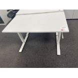 Three white adjustable height desks (excludes contents) (approximately 120cm L x 70cm W)