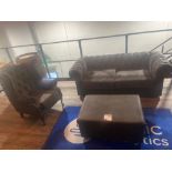 Chesterfield style grey cloth upholstered two seater sofa with matching armchair and foot stool