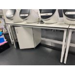 Tableform white laboratory workbench with white two door cabinet (excludes contents) (approximately