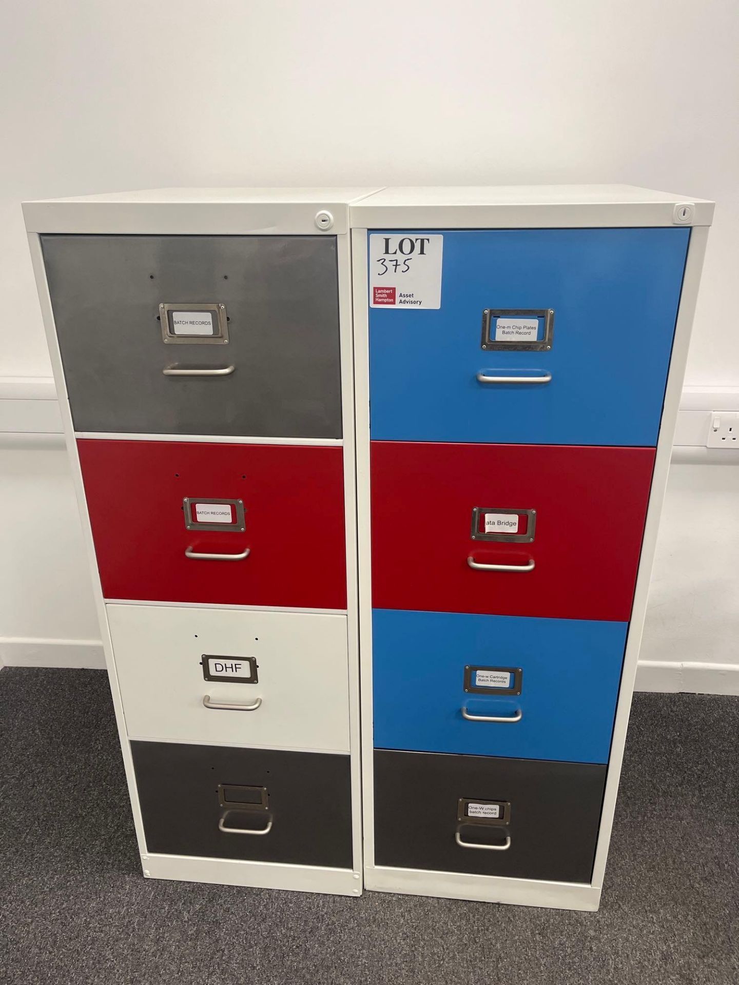 Two four door multi colour metal filing cabinets