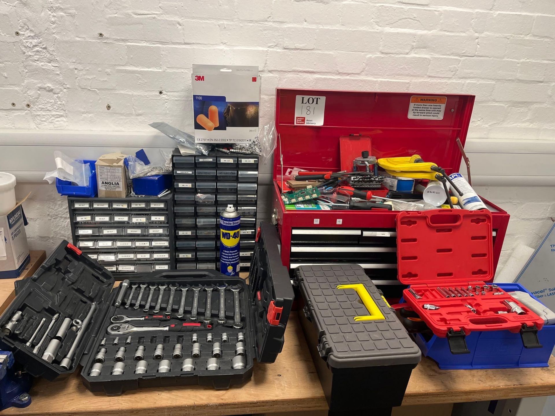 Quantity of various tools, tool boxes, screws, nuts and bolts (as lotted)