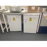 Tableform white laboratory workbench with white four drawer pedestal unit (excludes contents) (appro