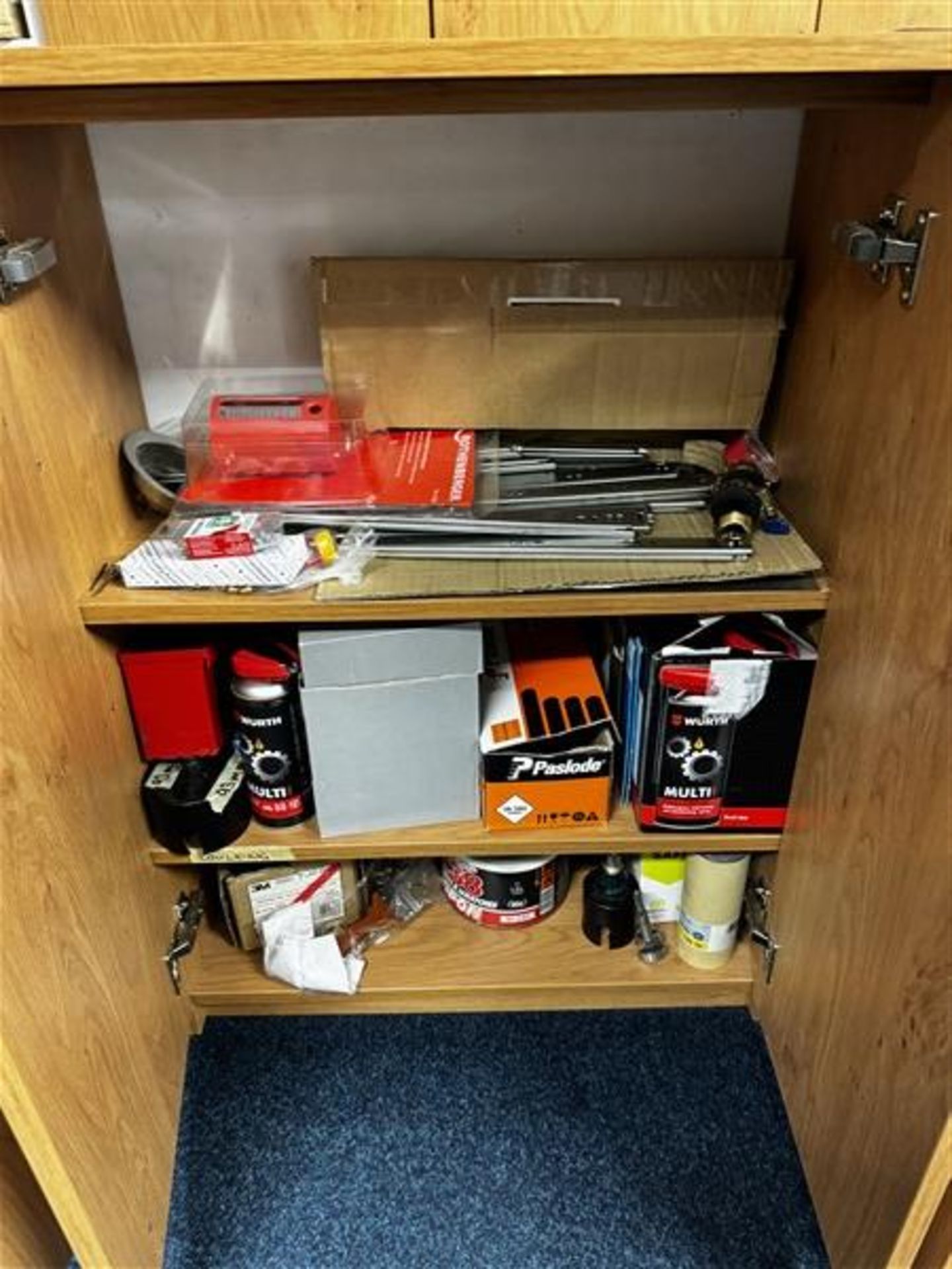 Contents of two cupboards to include mashing & ducting tape, drawer runners, Pasloe nails and - Image 2 of 3