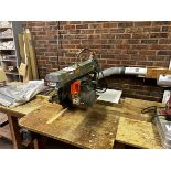 Dewalt radial arm saw, model 1420/S, to include wooden work bench, 3 phase