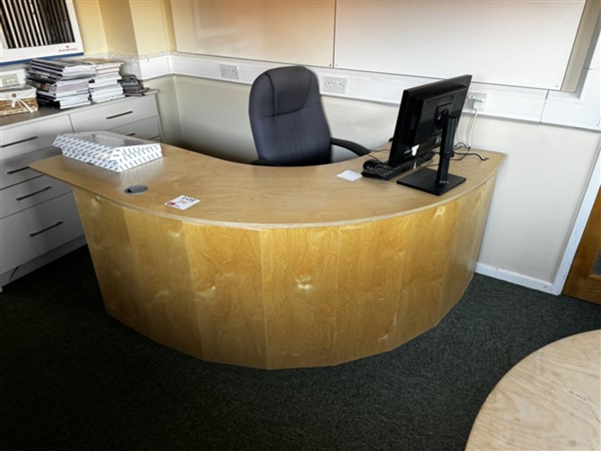 Two bespoke made reception desks, two upholstered chairs, bookcase, 4-drawer metal filing cabinet - Image 2 of 7