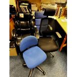 Five office desk chairs (4 upholstered, 1 leather effect)