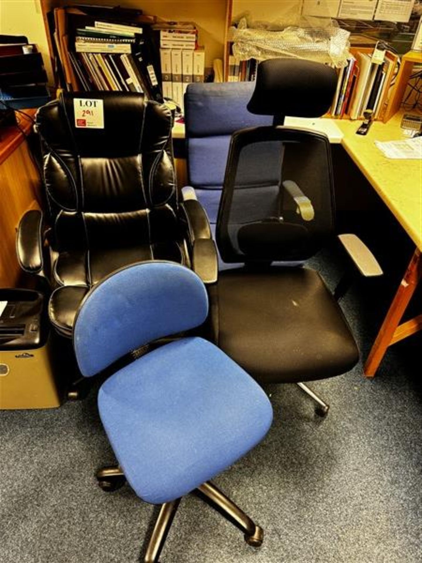 Five office desk chairs (4 upholstered, 1 leather effect)