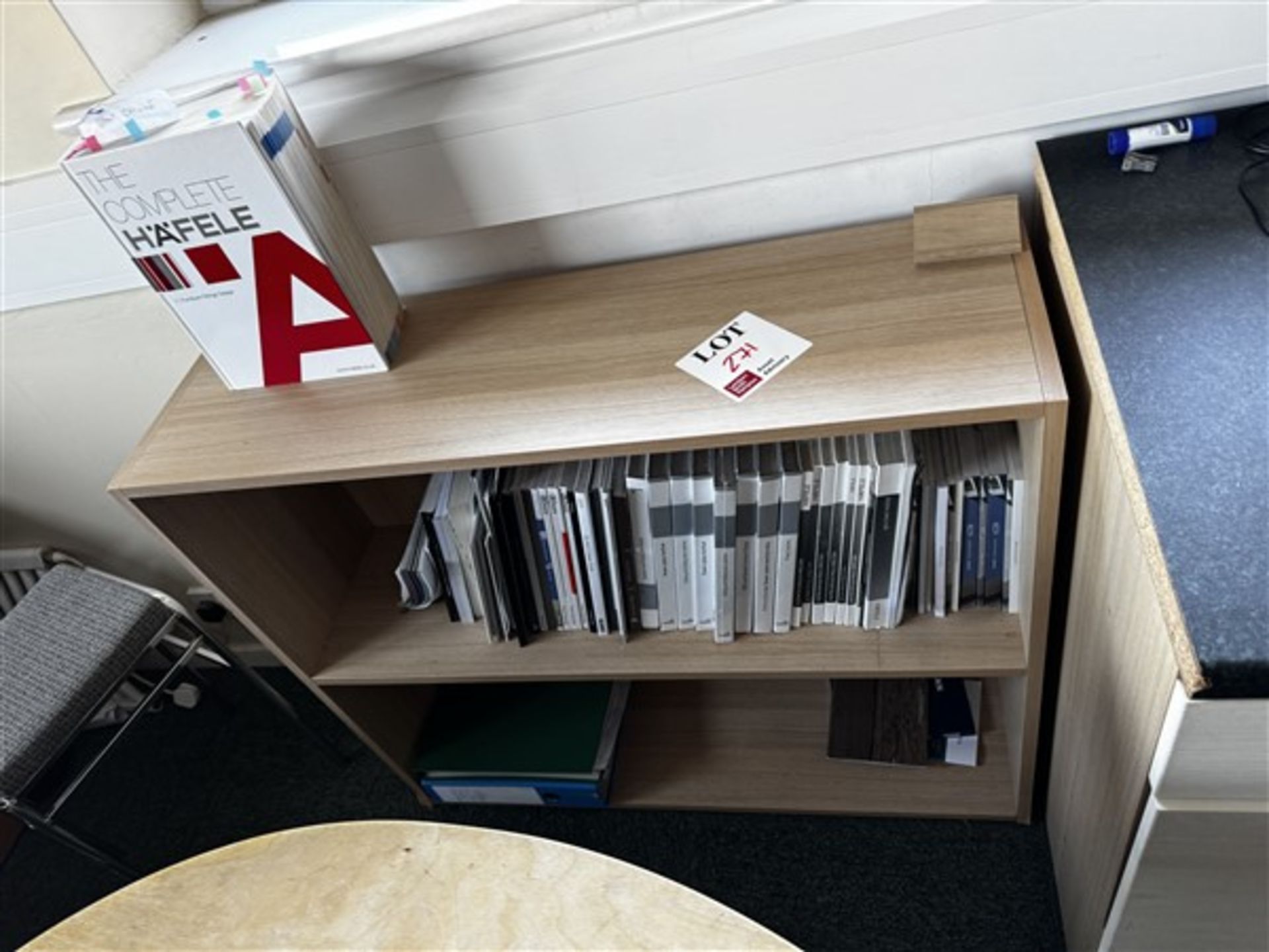 Two bespoke made reception desks, two upholstered chairs, bookcase, 4-drawer metal filing cabinet - Image 4 of 7