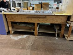 Timber work bench, 1703mm x 2.50m and one store rack 1707mm x 800mm