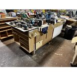 Wooden work benches, 2.4m x 1m, with two carpentry vices