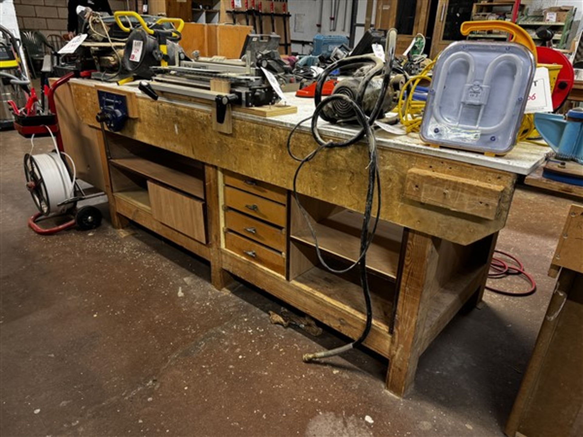 Wooden work benches, 2.4m x 1m, with two carpentry vices - Image 2 of 3