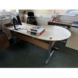 Two bespoke made reception desks, two upholstered chairs, bookcase, 4-drawer metal filing cabinet