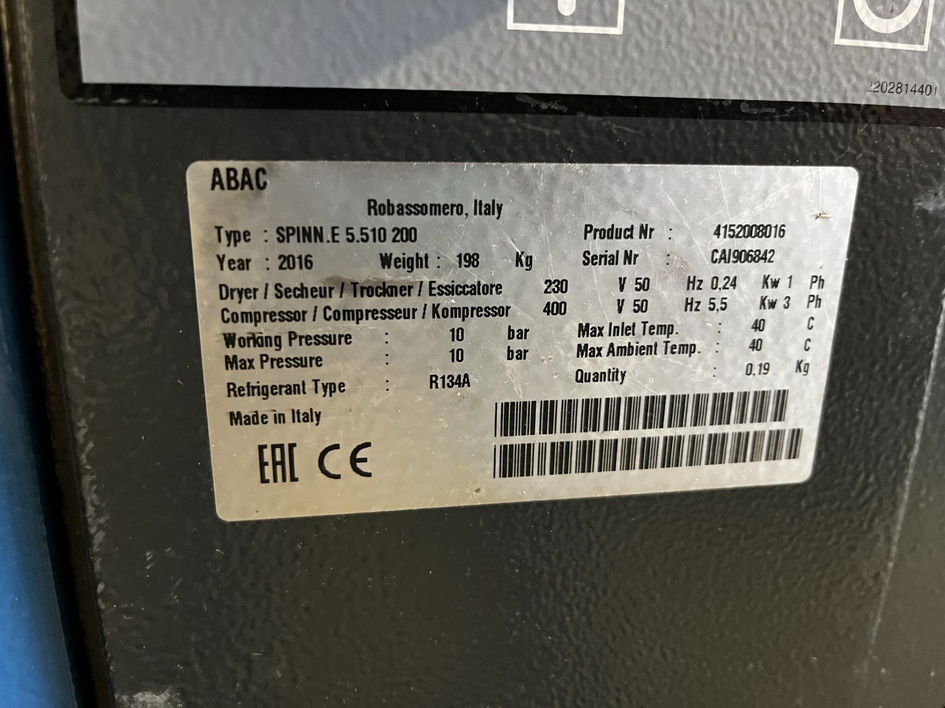ABAC Spinn.ES.510 200 Receiver mounted packaged air compressor 2016 - Image 2 of 4