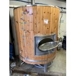 Timber clad jacketed stainless steel mash tank with twin heating elements.