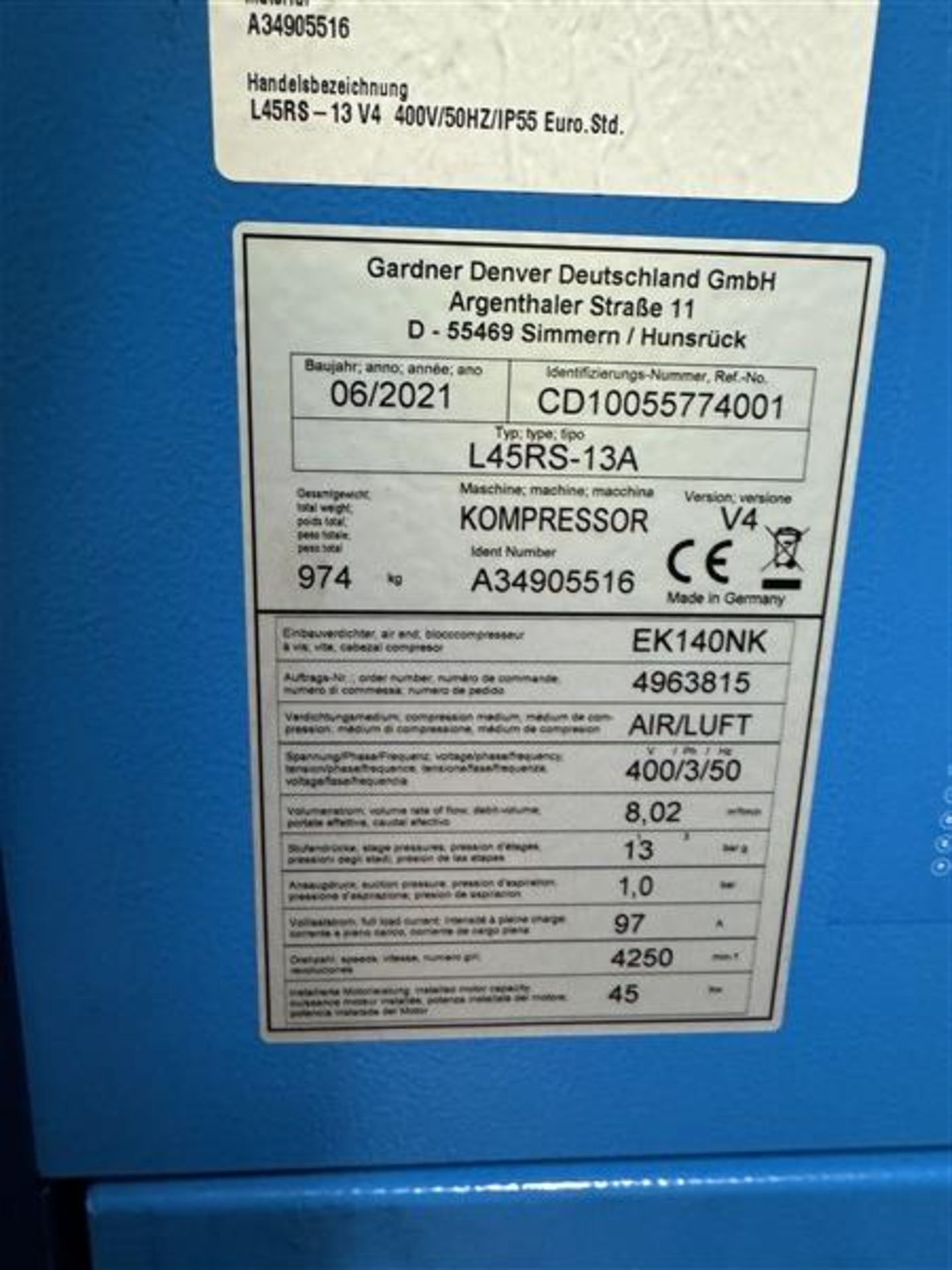 Compair L45RS compressor with Delcos XL control Year: 2021 S/N: A34905561 Hours: 9688 (01/02/24) - Image 5 of 13