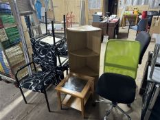 Assorted chairs, corner unit, small table and four display shelves