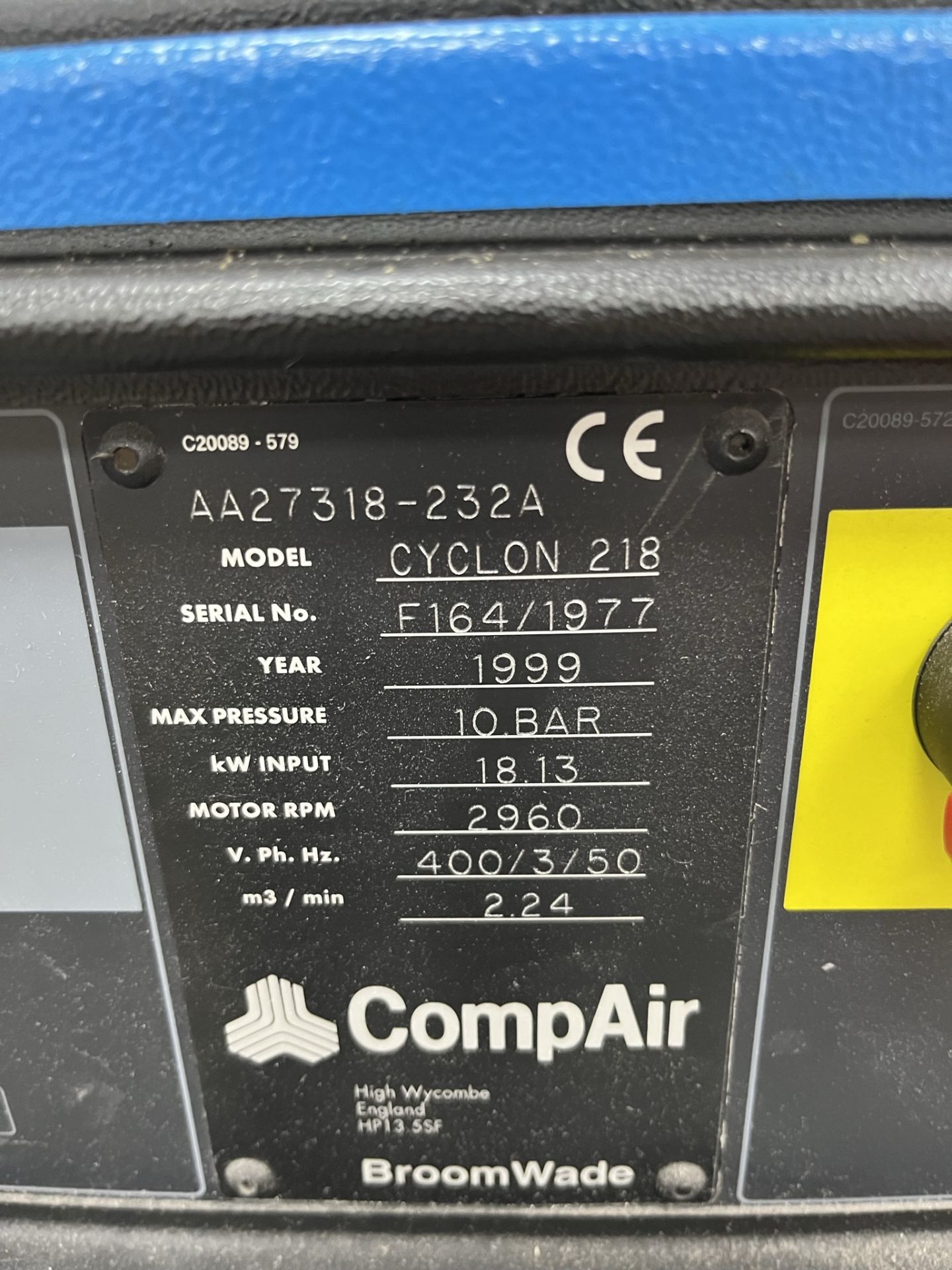 Comp Air Broomwade Cyclone 218 Rotary screw compressor 1999 - Image 2 of 3