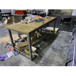 Four metal framed timber topped work benches