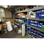 Bay of racking with contents including assorted spare electrical components, racking approx. size: