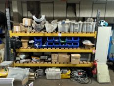 Bay of racking with contents including assorted extruder spare parts and accessories, racking