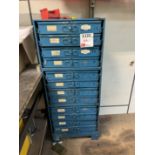 Twelve drawer storage unit with contents including crimp terminals, pneumatic fittings, hydraulic