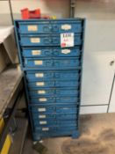 Twelve drawer storage unit with contents including crimp terminals, pneumatic fittings, hydraulic