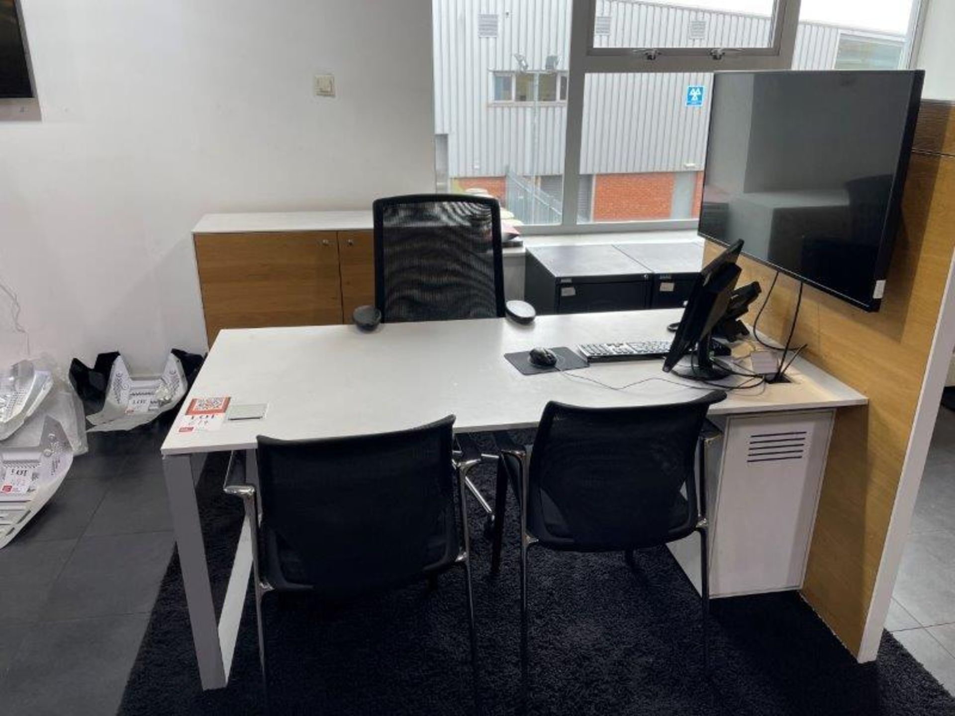 4 x Sales desks, each to include; 1 x Desk with Divider, Pedastal , two door cupboard and chairs - Image 2 of 6