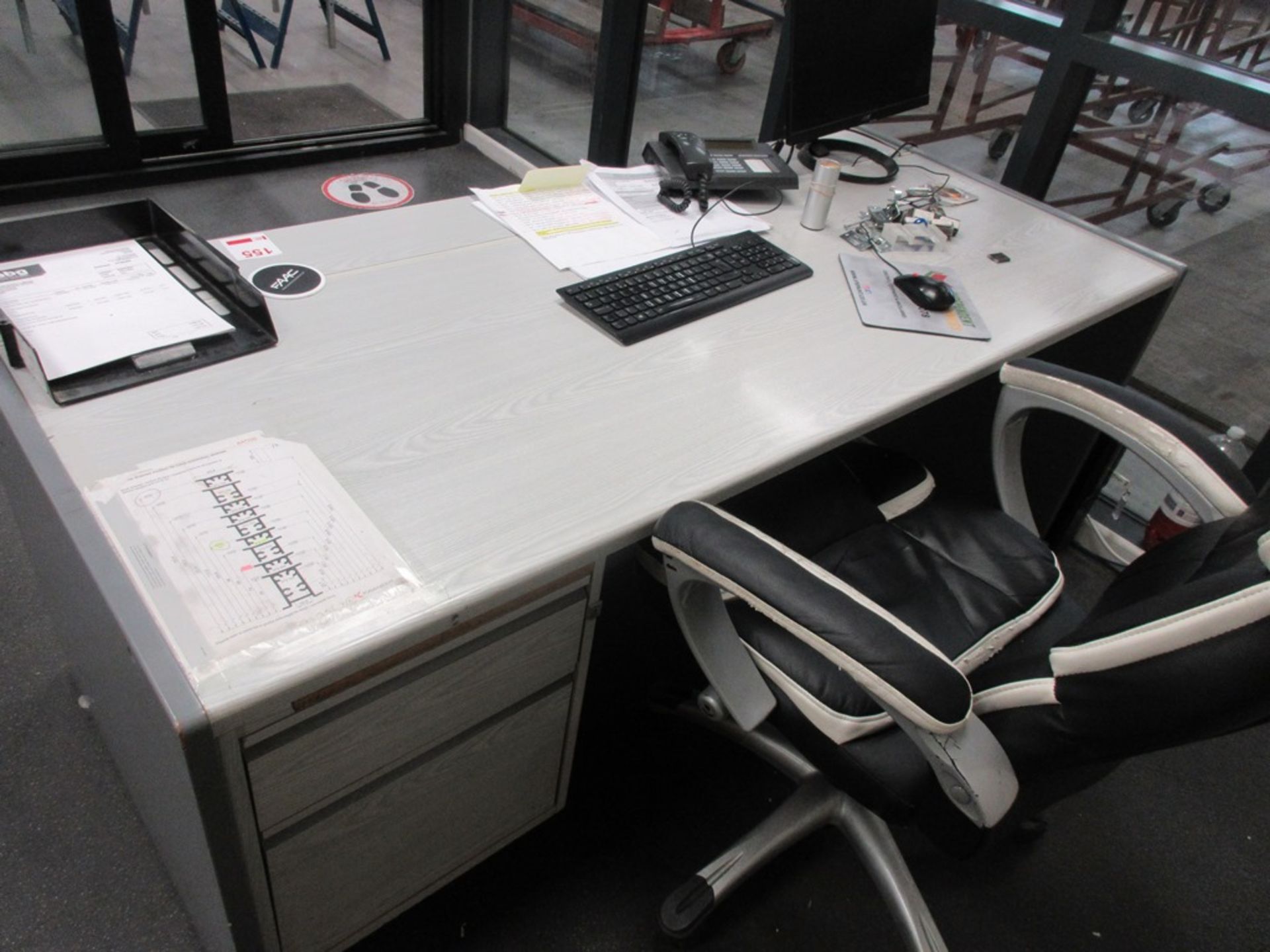 Three grey laminate desks, three assorted chairs - Image 5 of 8