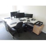 Two grey laminate L shaped office desks