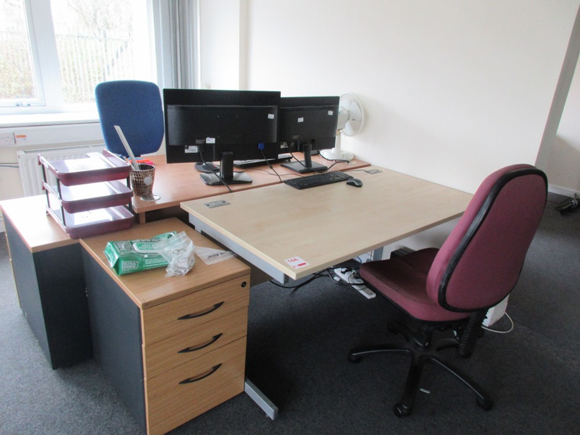 Two light wood tables, 2 light wood 3-drawer pedestals & 2 chairs