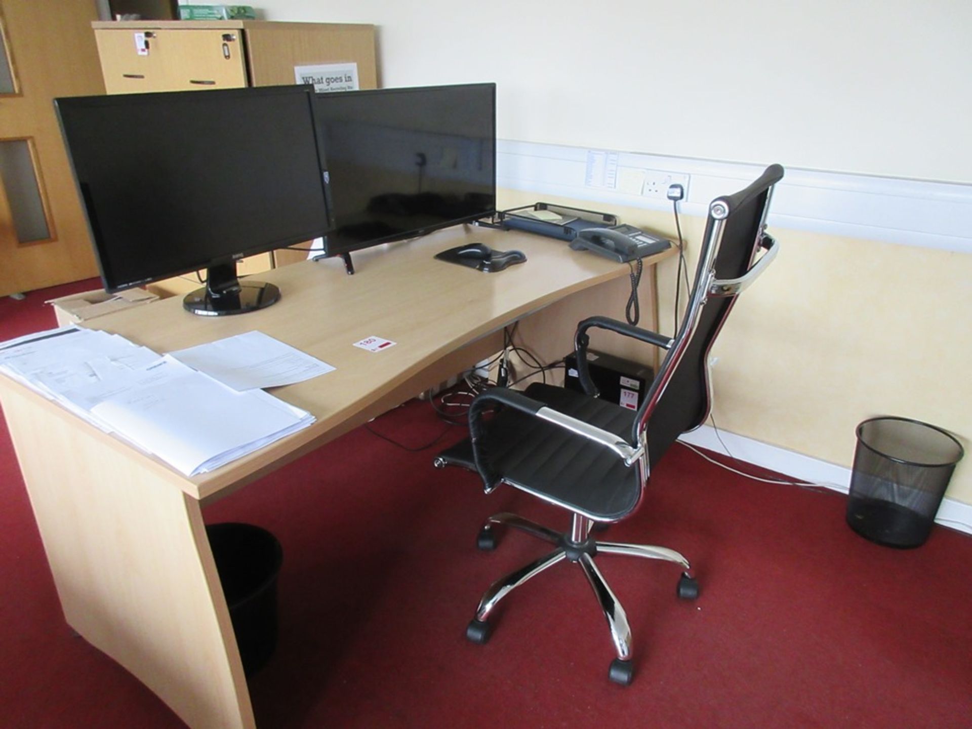 Light wood chrome chairs, black leatherette swivel chair, Light wood effect curved desk