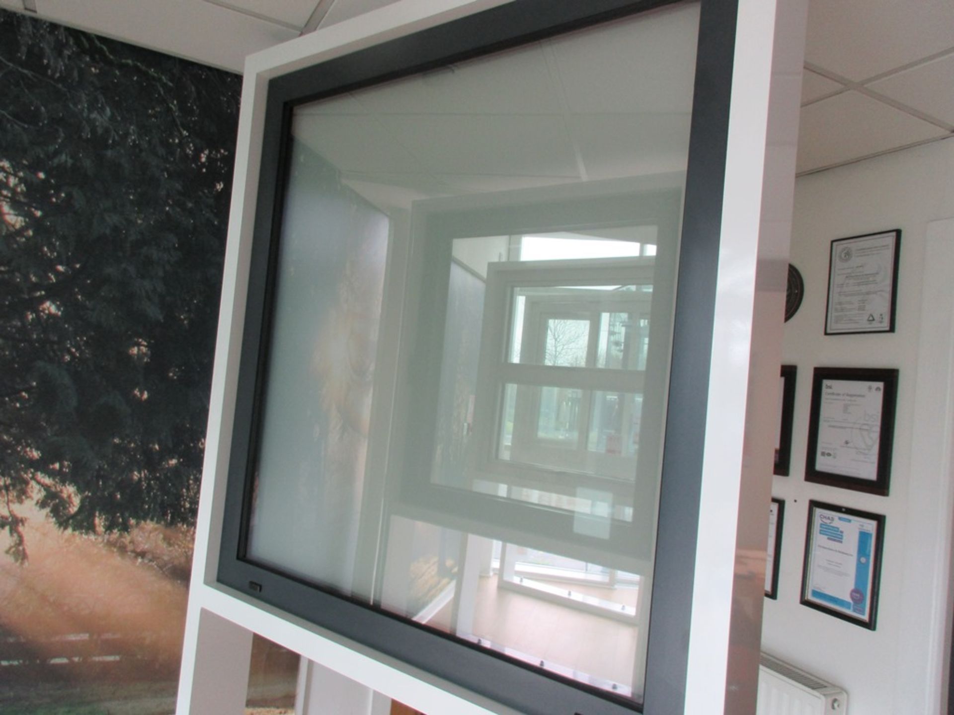 Aluminium framed single door showroom window, frosted with hidden handle