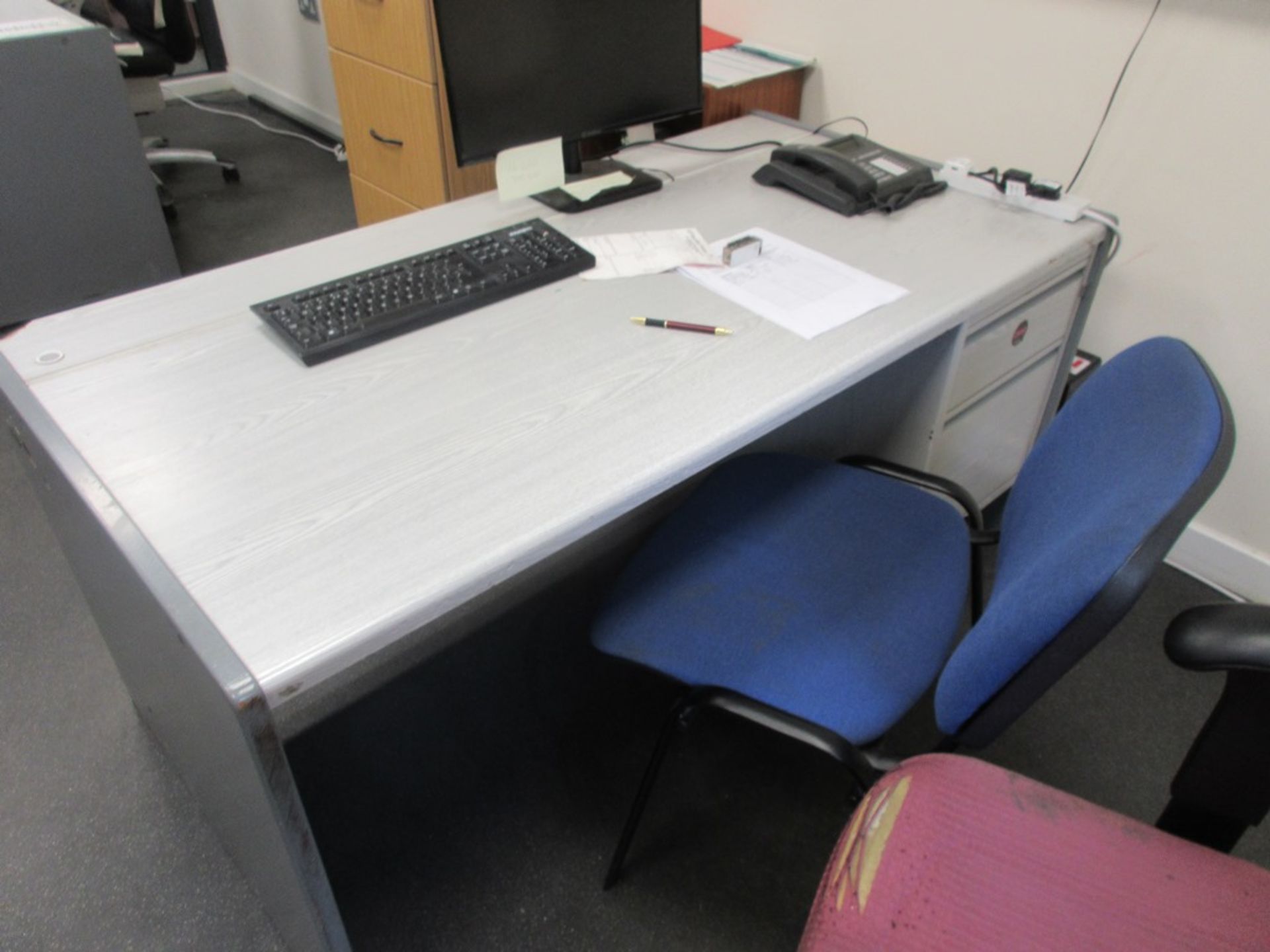 Three grey laminate desks, three assorted chairs - Image 4 of 8