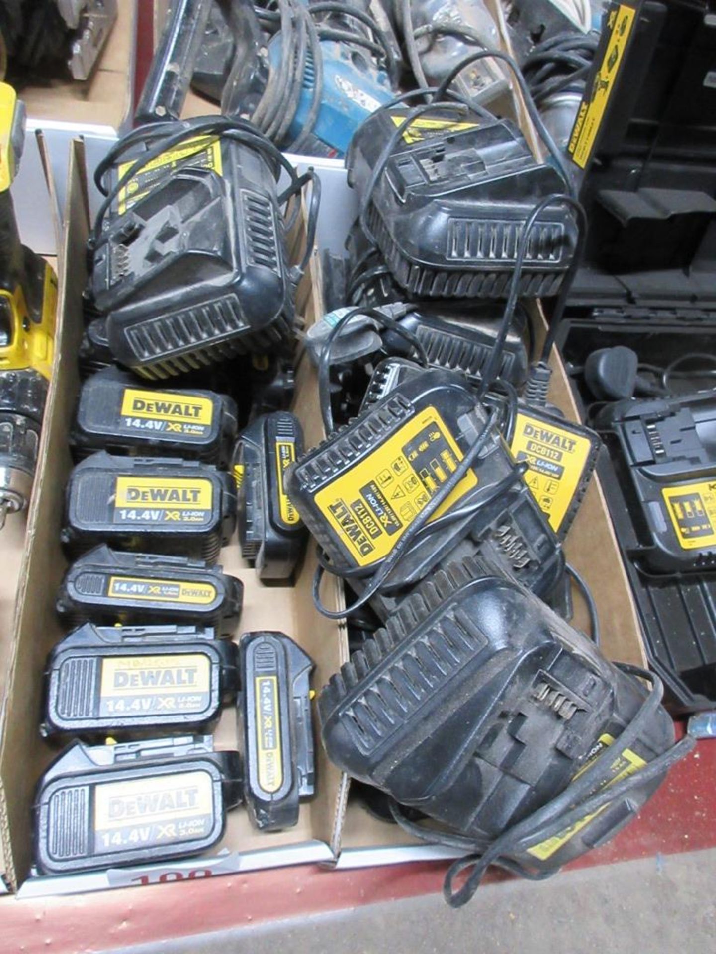 DeWalt 11 x 14.4v batteries, 9 x various DeWalt chargers